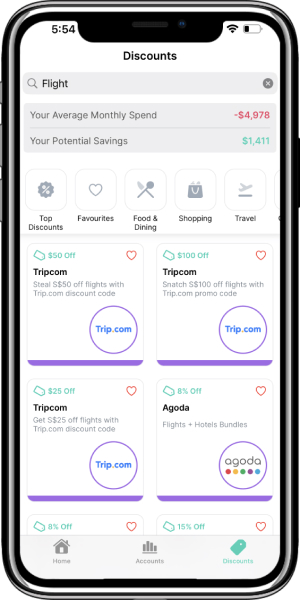 Dobin app discounts tab flight in search bar