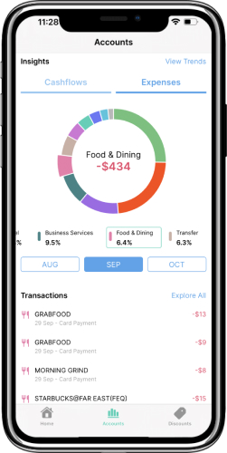 Dobin expenses overview with food and dining category selected