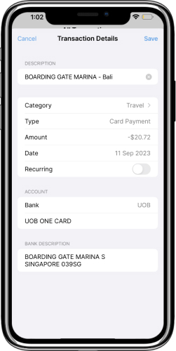 Dobin transaction details with bali and travel category