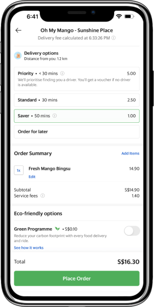 Grabfood order summary with delivery options